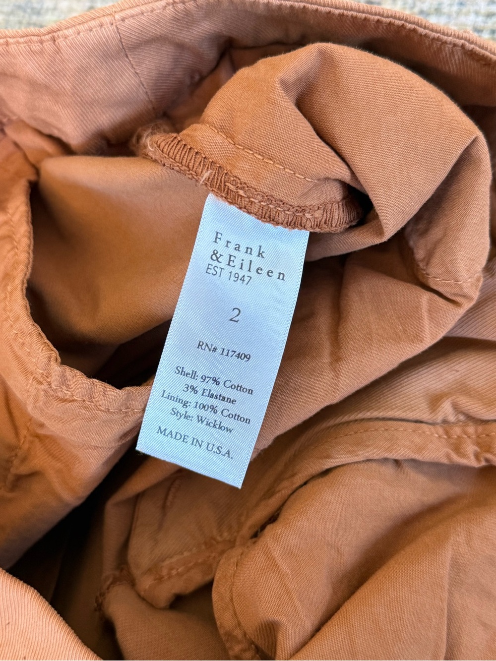 NWOT Frank & Eileen Wicklow Italian Chino Pants Terracotta Coastal Size 2 - Picture 6 of 9